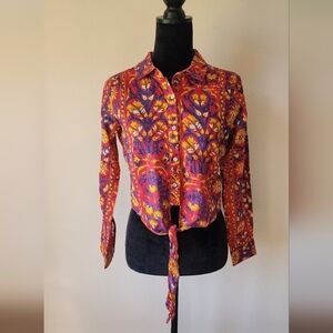 Label RituKumar Red Floral 100% Cotton Print Tie Shirt Women's Size Small.